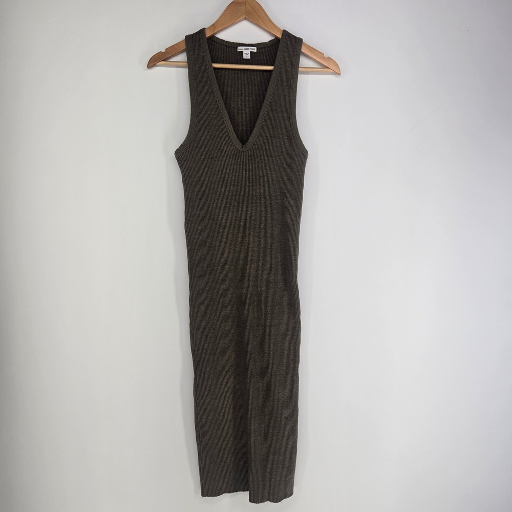 James Perse Midi Dress Womens 2 Olive Green Ribbed V-Neck Sleeveless Fall